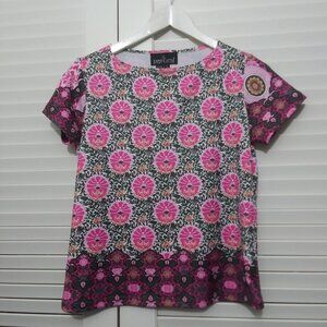 Carole Little‎ Tee Top Pink Floral Border Print Knit Top Size Small